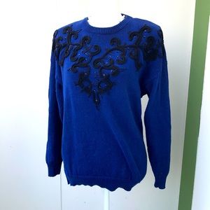 Vintage 80s Blue & Black Soutache Embellished Cozy Ramie Cotton Cozy Sweater